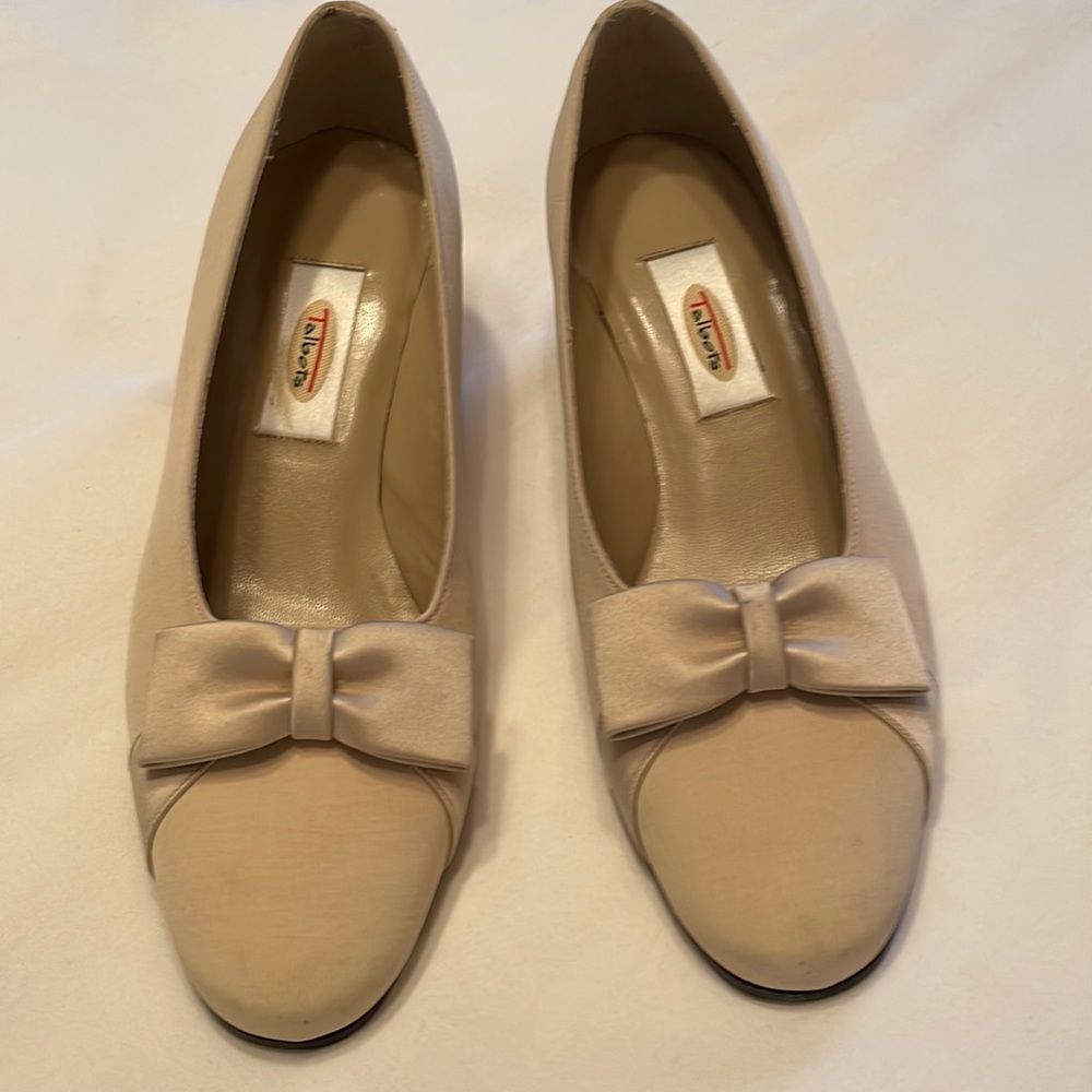 Talbots beige silk shoes with satin bow; low heel, worn once - size 5.5